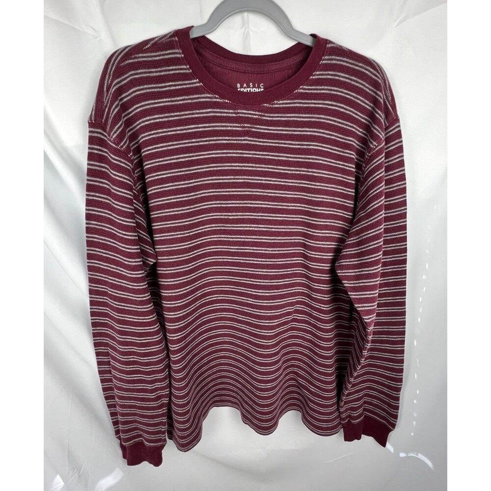 BASIC EDITIONS Men’s M Burgundy Gray Striped Waffle Knit Thermal Shirt